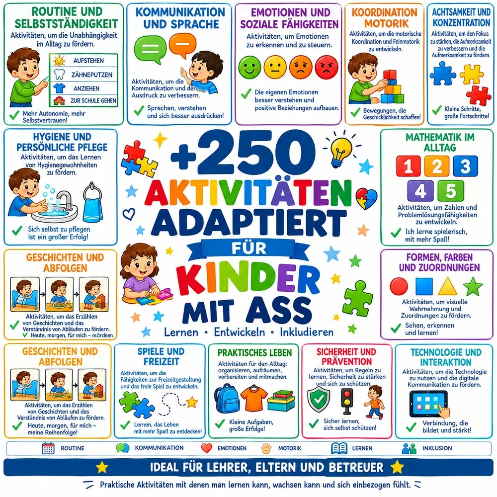 Über 250 angepasste Aktivitäten in Bereichen wie Routine, Kommunikation, Gefühle und Motorik